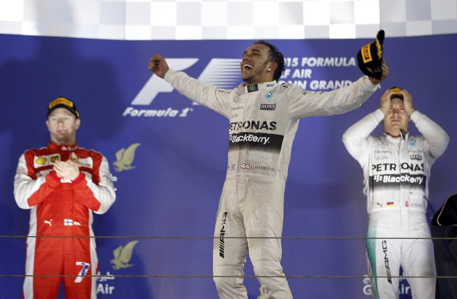 Hamilton in festa davanti a Raikkonen e Rosberg. Getty
